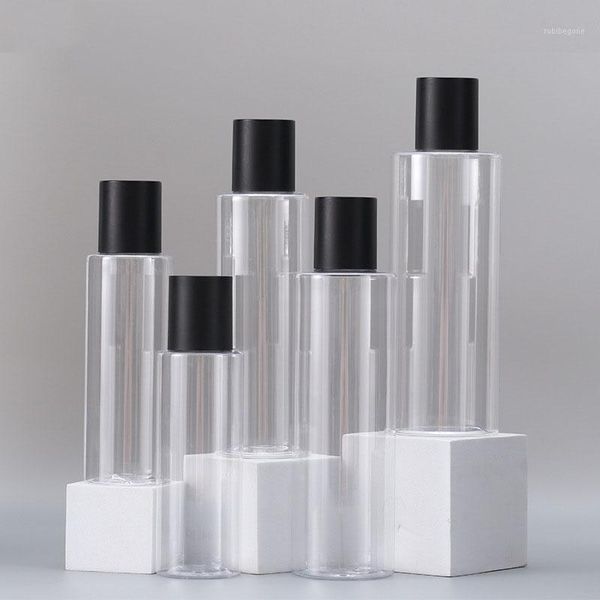 

100/120/150/200/250ml empty bottle black cap flat shoulder transparent hydrosol bottle toner cosmetic refillable bottles1