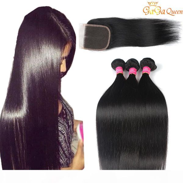

3 bundles peruvian straight hair with closure 100% peruvian human hair 4x4 lace closure with hair bundles middle three part, Black;brown