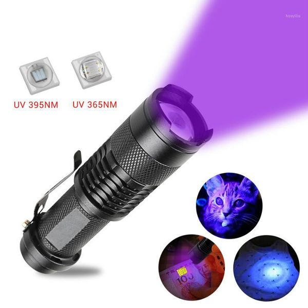 Torce elettriche Torce UV 395nm 365nm Torcia ultravioletta LED Zoomabile Mini Linterna Luce Rilevatore di macchie di urina per animali domestici Lampada da caccia allo scorpione1