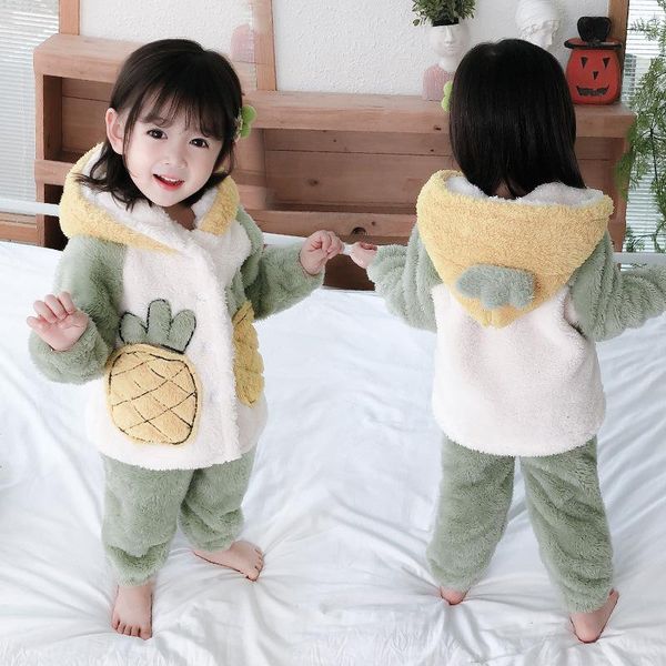 

female baby pajamas winter coral velvet set girls autumn and winter thick style strawberry children flannel home services, White