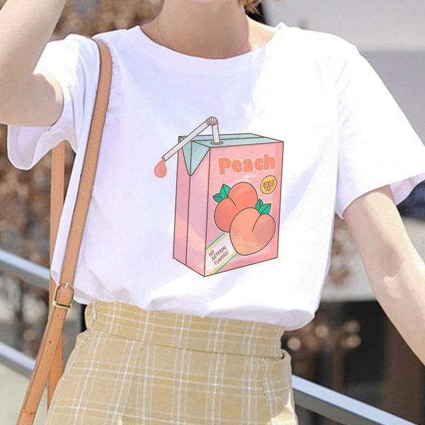 

cartoon peach juice japanses aesthetic grunge t shirt women harajuku cute kawaii pink summer casual tumblr outfit fashion, White