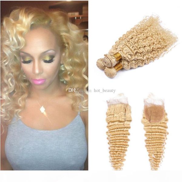 

613 blonde human hair bundles with lace closure deep wave curly bleach blonde brazilian hair bundles deals with 4x4 lace closure, Black