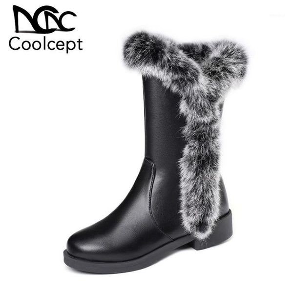 

coolcept half short boots for women winter plush flats snow boots round toe casual keep warm thicken fur footwear size 34-431, Black