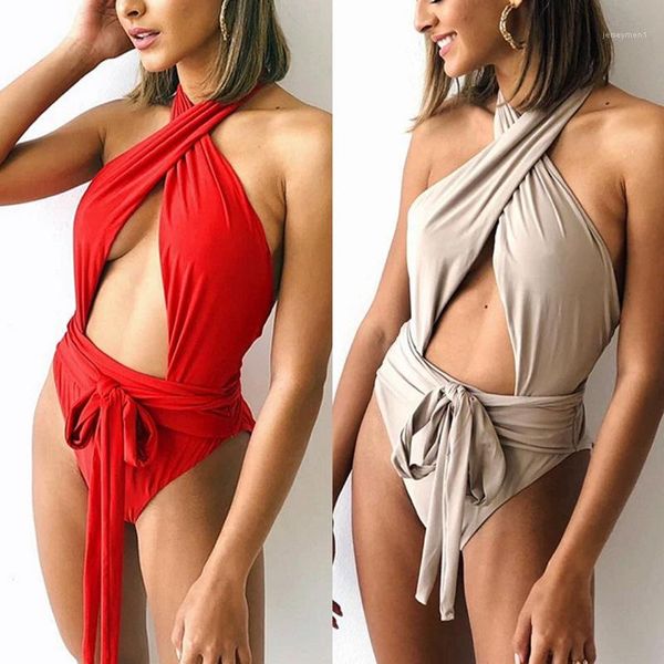 

one piece swimwear fashion solid color high waist swimsuits designer womens lace up bikini hollow out halter, White;black