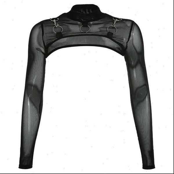 

summer mesh see through short crop o neck turtleneck long sleeve sheer black transparent t shirt fashion evening party, White