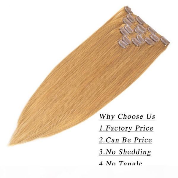 

7pcs set clips in 100% human hair extensions full head set straight hair 100g 14"-26, Black