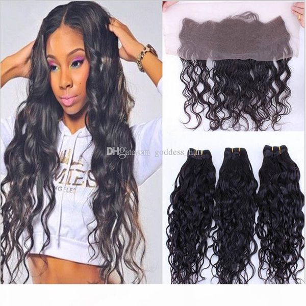 

9a water wave bundles with lace frontal closure middle three part wet wavy ear to ear lace frontal with bundles 4pcs lot, Black