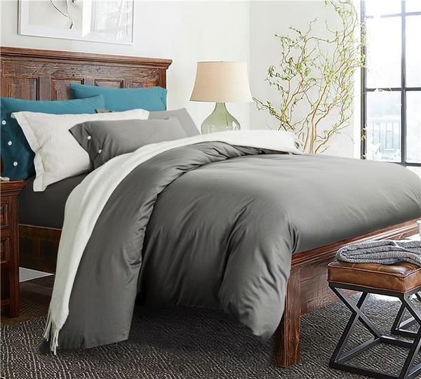 

silver grey white solid color egyptian cotton soft bed sheet linen pillowcase duvet cover set double  king size bedding set