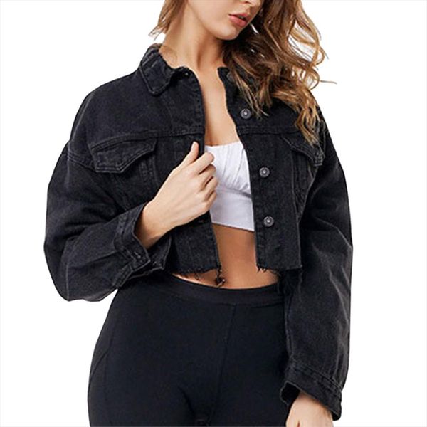 

черный падение плеч длинные рукава изношенные хем ripped crop denim куртка женщин high street однобортный твердые короткие куртки, Black
