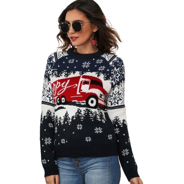 

women christmas long sleeve sweater snowflake jacquard o-neck jumper, White;black
