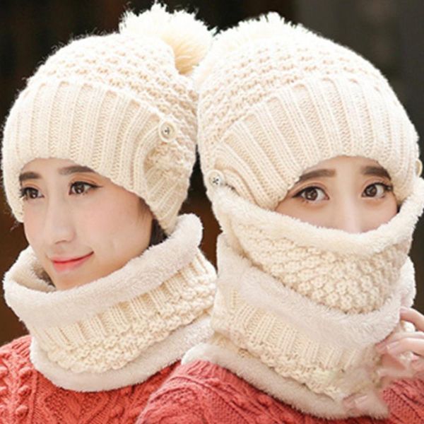 

3 pcs/set winter hats for women with breathing mask 2in1 knitted hat girl pompoms hat warm add fur lined protective winter