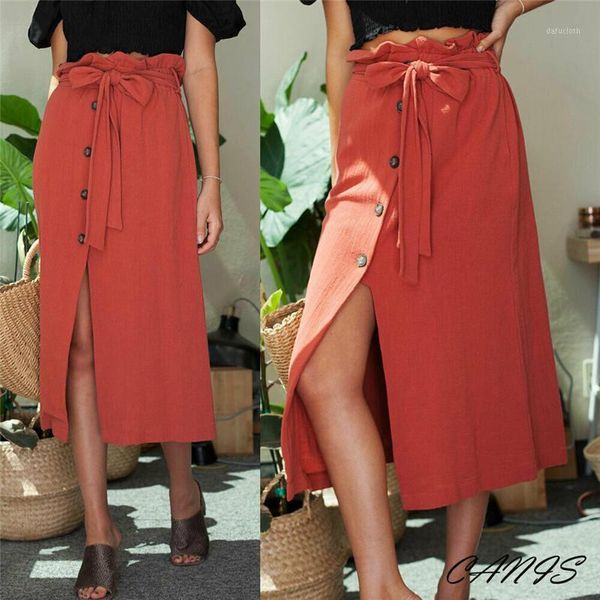 

womens elastic high waist skirts womens casual button wrap over aysmmetric skirt female front slit midi skirt1, Black