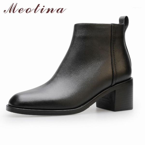 

meotina women ankle boots shoes genuine leather high heel ladies boots round toe zipper thick heels short autumn winter 401, Black