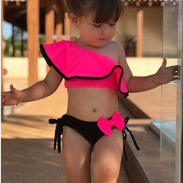 

loozykit 2020 new summer baby kids girl two piece swimsuit child swimwear ruffles bow water sports bikini shoulder beach bathing, Black