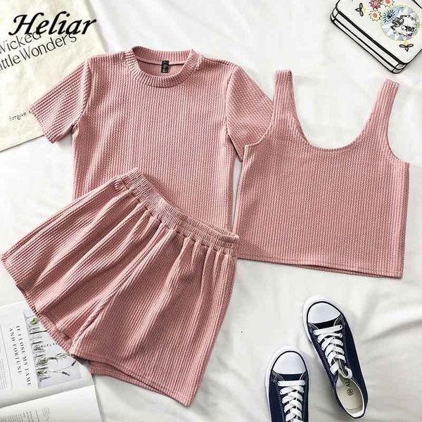 

heliar pink o-neck t-shirt shorts and camis three pcs pants female outfits 2020 summer sets women t200701, White