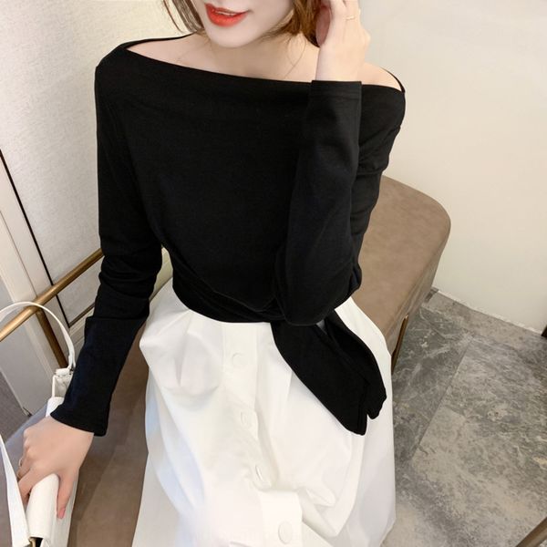 

autumn 2020 new personalized versatilethe shoulder withthe shoulder collar slim coat, fit long sleeve bottom t-shirt, White