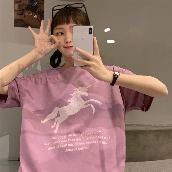 

6535 cotton 2020 new summer korean t-shirt harajuku style printed cartoon pegasus loose short sleeve t-shirt fashion for women 9abnq, White