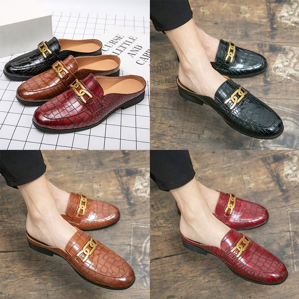 

good quality metal button slippers luxury brand mens designer crocodile pattern genuine leather mules slipper casual slip-on shoes large siz, Black