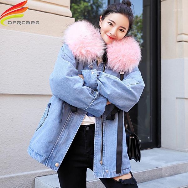 

denim faux fur jackets winter 2018 drawstring waist thicken velvet hooded warm jeans jacket women coats and jackets1, Black;brown