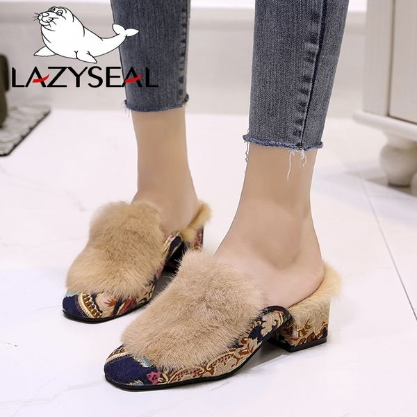 

lazyseal warm women slippers shoes natural rabbit fur slippers hair slides female furry indoor flip flops fluffy plush shoes y200107, Black