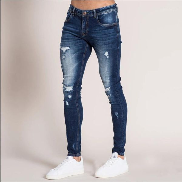 

men's jeans vintage ripped men zipper letter print skinny denim pants classic cowboy hip slim fit destroyed pencil pants1, Blue