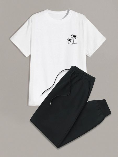 

romwe guys tree letter graphic tee & drawstring sweatpants f21o#, Gray