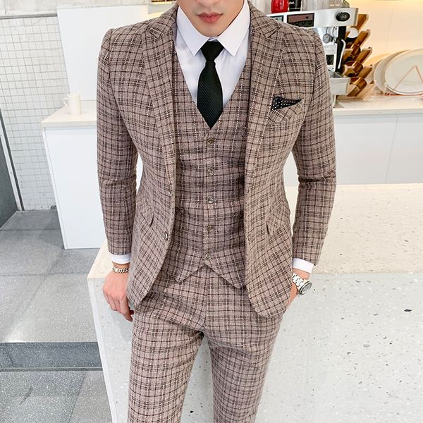 

mens suits slim 2020 men's groom wedding dress plaid formal suits set men fashion casual business suit 3 piece suits men, Black;gray
