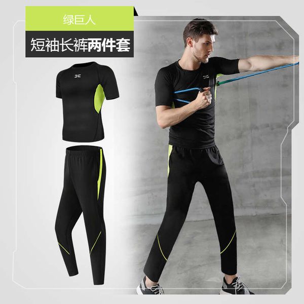 

fitness sportswear men's quick dry two piece casual fashion short sleeve pants morning running training suit tights, Gray