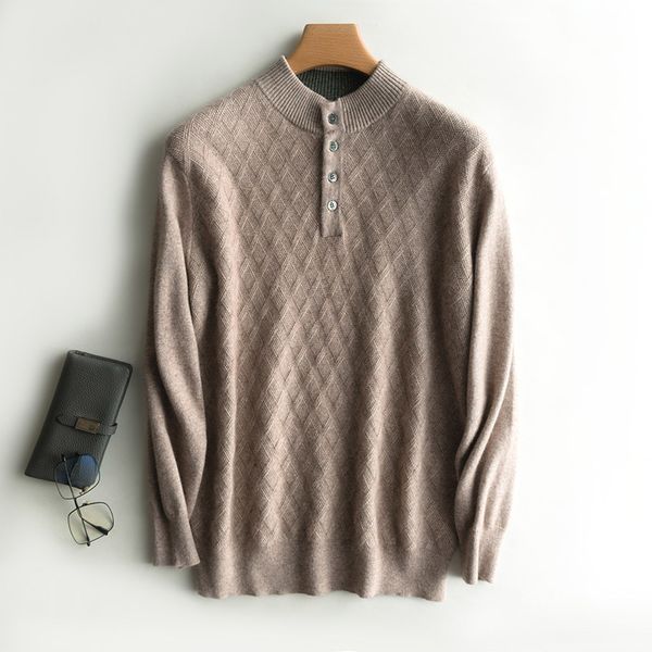 

2021 100% pure cashmere goat knits man new winter fashion button neck 4-color long-sleeve jumpers for male lweb, White;black