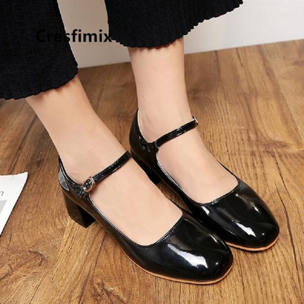 

dress shoes cresfimix tacones altos women cute round toe black pu leather heel lady casual red buckle a5038