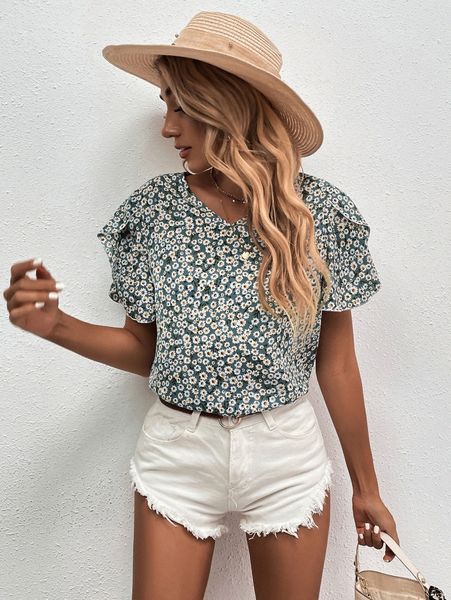 

ditsy floral petal sleeve blouse v0vt#, White