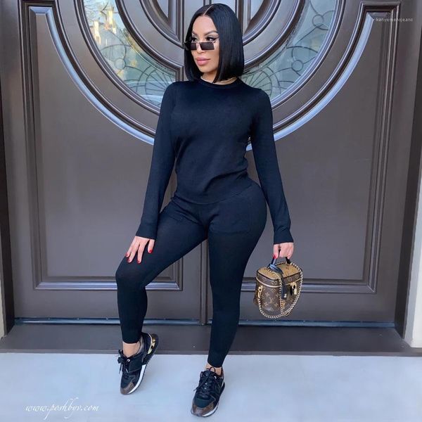 

set long sleeve crew neck solid color pants casual set fashion female clothing womens designer 2pcs, Gray