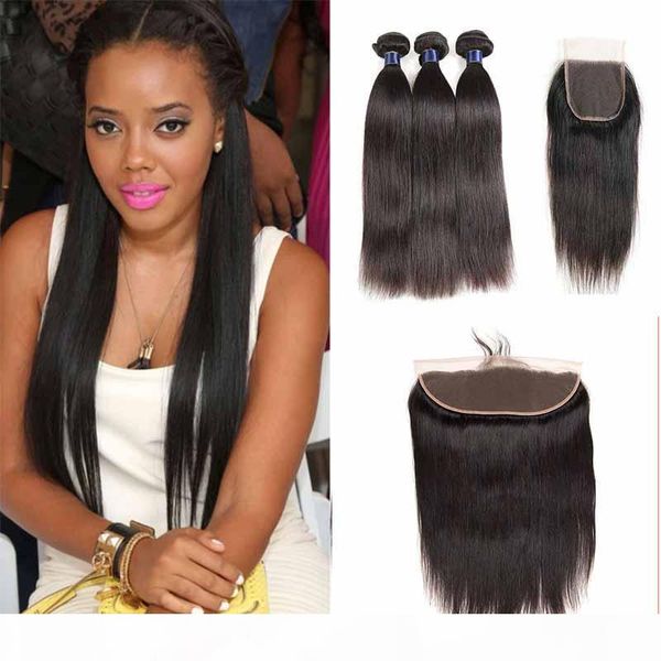 

8a brazilian malaysian remy hair weaves with closure straight brazilian hair bundles with frontal closure straight hair wefts, Black;brown