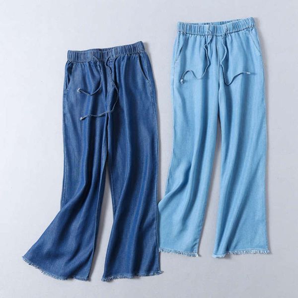 

drawstring elastic waist british loose thin and simple denim tencel wide leg pants 19009, Black;gray