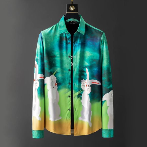 

mens cotton dress shirt men blue dyed cute rabbit print slim fit casual shirts dy2908 g5d1, White;black