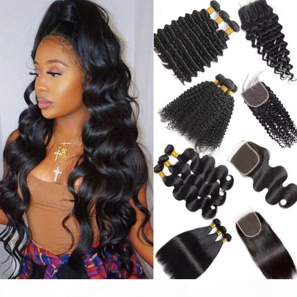 

малазийский deep wave 3 связки с кружевом закрытие фронтальная бразильский afro kinky завитые тела свободные прямые волны weave человеческих, Black;brown