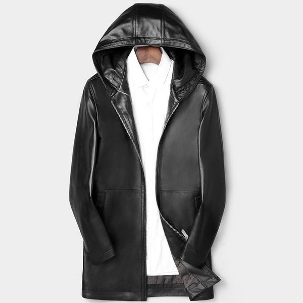 

new genuine leather jacket men biker leather jacket quality long real bomber sheepskin coats m80891, Black