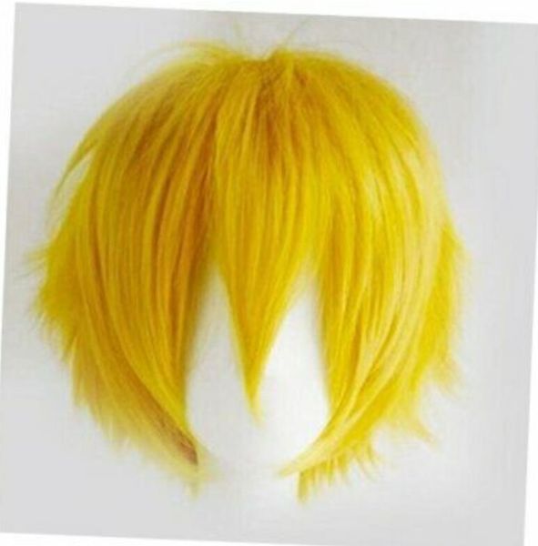 Mulheres homens curtos fofos de cabelos lisos perucas anime cosplay vestido de festa amarelo