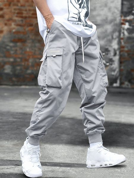 

men slogan patched flap pocket drawstring waist cargo pants m7az#, Black
