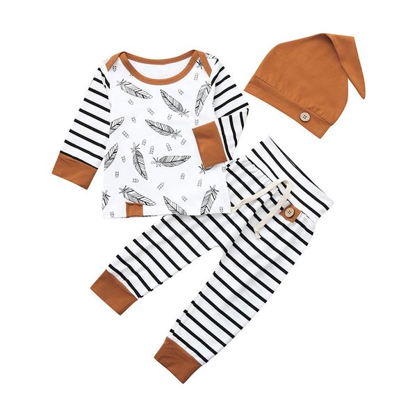 

chamsgend 2019 summer newborn baby boy girl feather t shirt striped pants clothes outfits set 19may9 p25 1021, White
