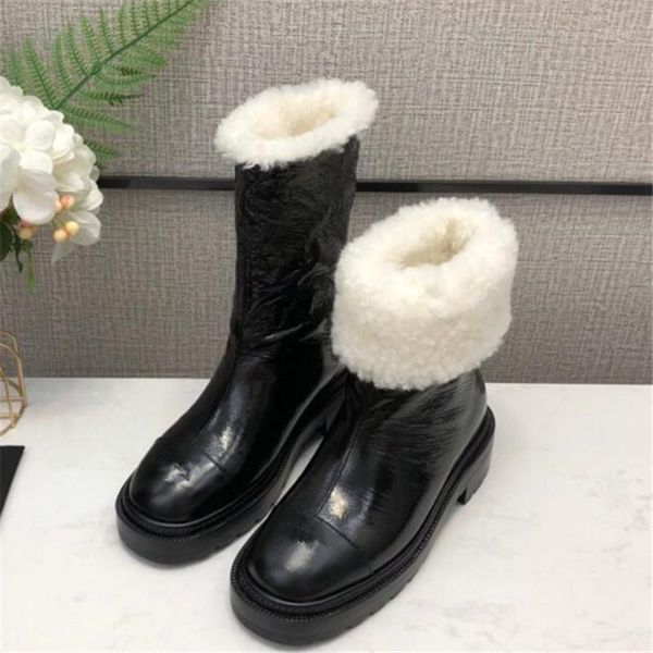 

boots 2021 round toe shoes woman chunky heels fur warm botas mujer calf high zapatos de platform laides snow boots1, Black
