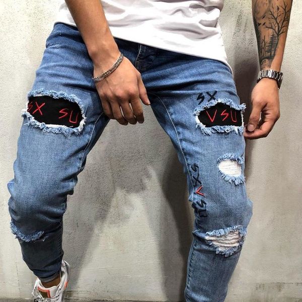 

mens designer patches panelled jeans male stretch skinny hole pencil pants fashion homme street style jeans, Blue