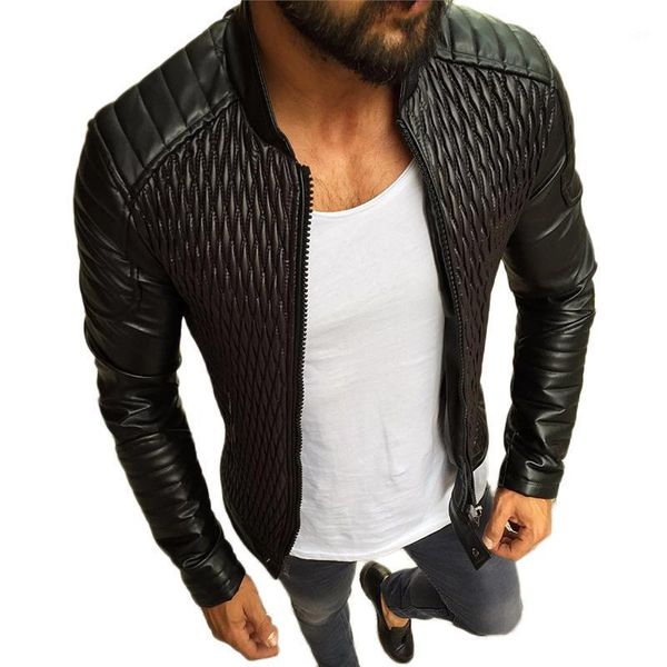 

winter moto biker leather jacket men vintage pleated coat motorcycle pu leather jackets outerwear casual stand collar black1, Black