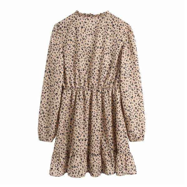 

new vintage leopard print mini dress women 2021 fashion ruffle long sleeve short woman retro elegant dresses enco, Black;gray