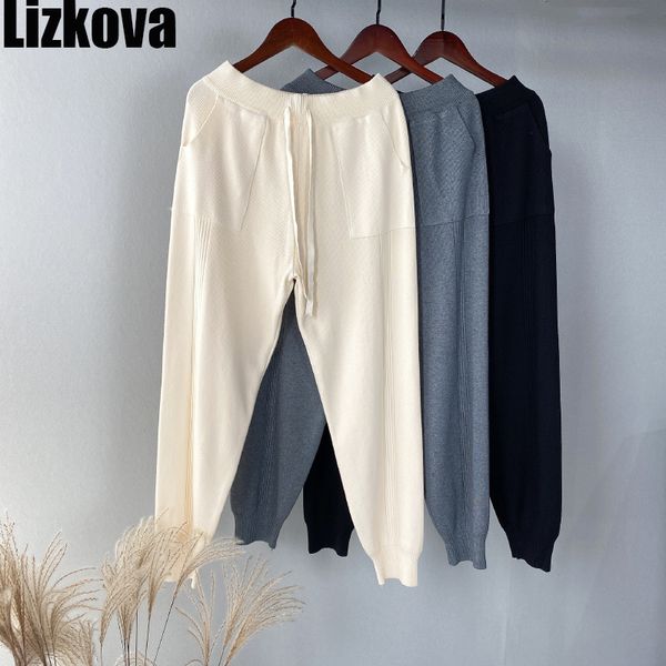 

lizkova winter knitted sweatpants women plus size elastic waist harem pants pockets casual sport trousers 339 201228, Black;white