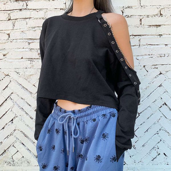 

2020 women's off shoulder chain fall ribbon cut out short t-shirt, Black;gray