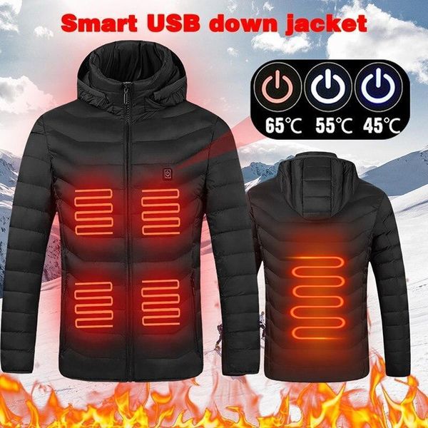 

2020 men winter warm usb heating jacket coat smart thermostat solid hooded heated parka waterproof outdoor thermal clothing1, Black