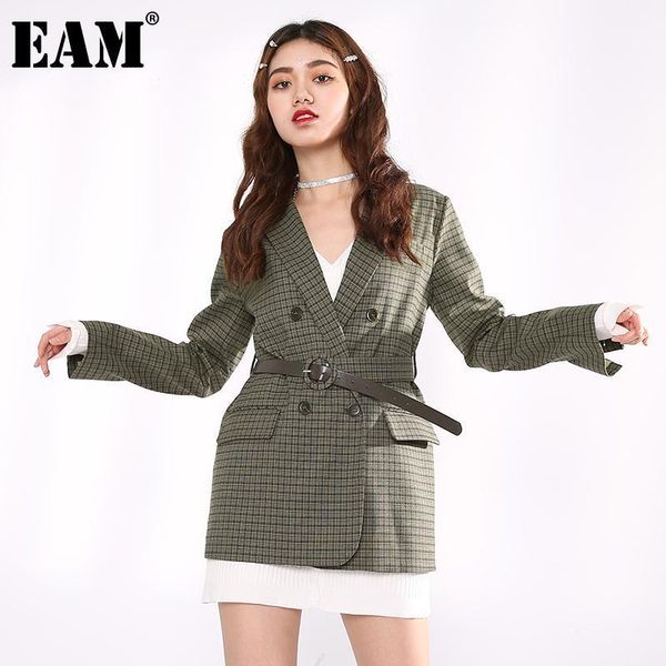 

eam] women coffee plaid with belt big size blazer new lapel long sleeve loose fit jacket fashion spring autumn 2021 1dc043161, White;black