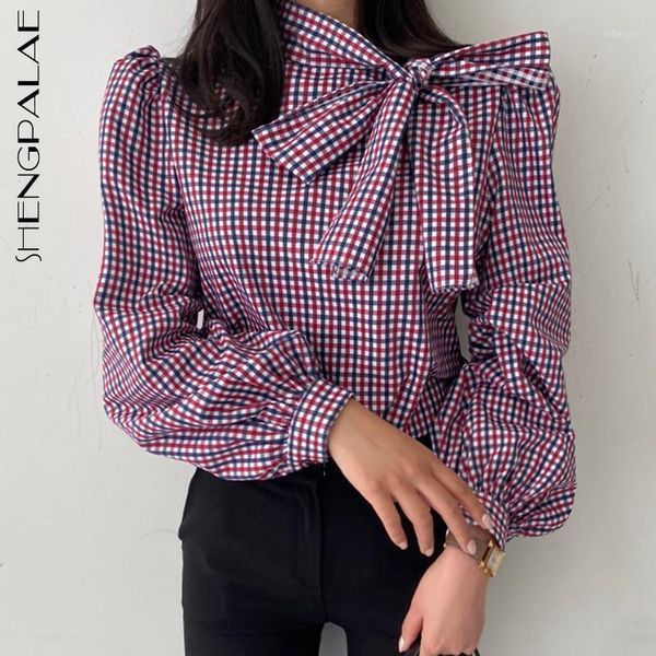 

shengpalae chic elegant plaid blouse women's spring 2021 new bow tie fashion loose puff sleeve shirt female casual 5a11811, White