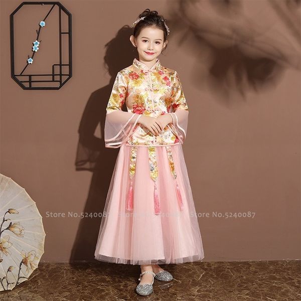 

children's traditional chinese girl cheongsam hanfu tang costume fairy princess qibao costume children's new year music festival, Gray;blue